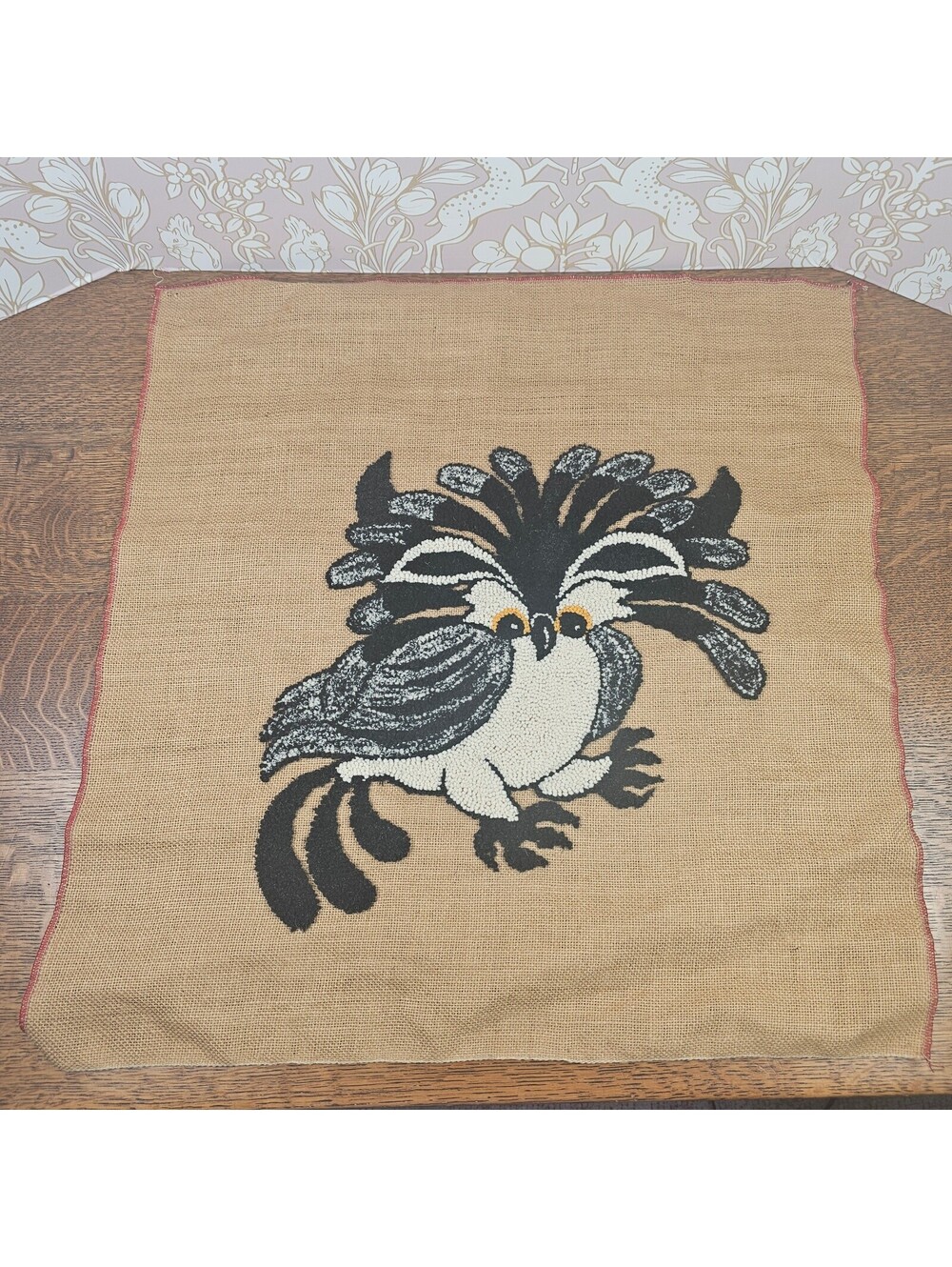 Vintage Owl Hooked Rug Wall Hanging Folk Art Burlap 23.5" x 22.5"